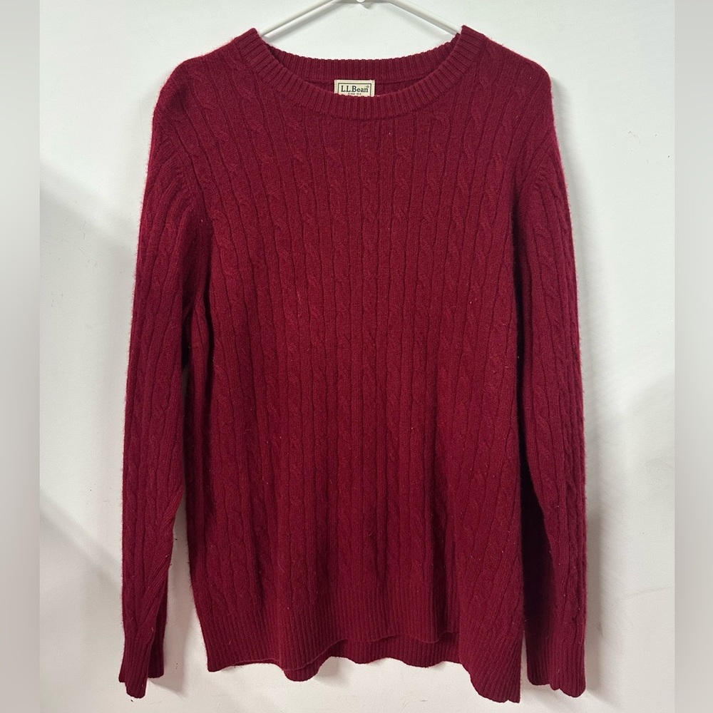 L.L. Bean Sweater Mens Large Red 100% Cashmere Cable Knit Crewneck Pullover